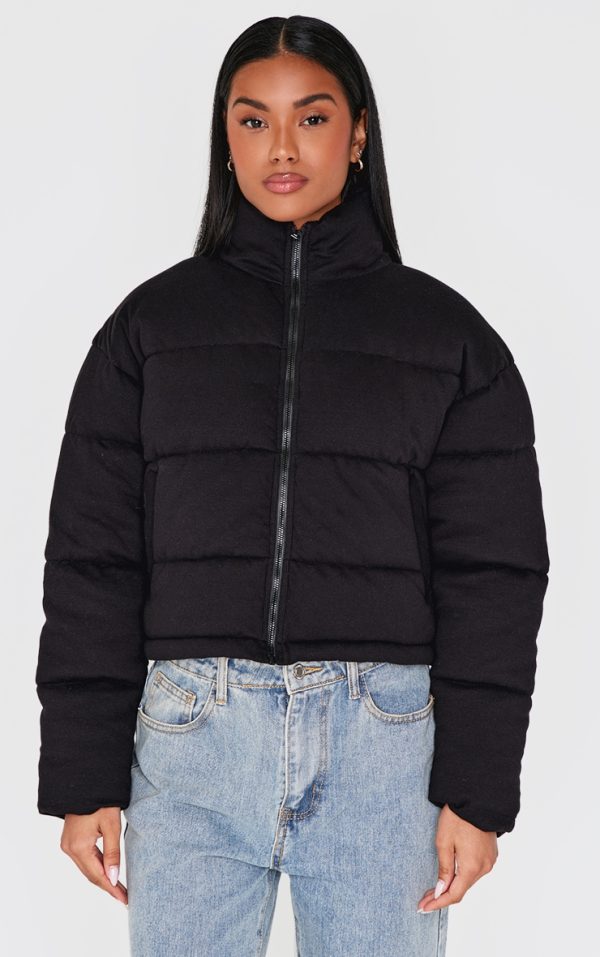 Black Knit Jersey Cropped Padded Jacket