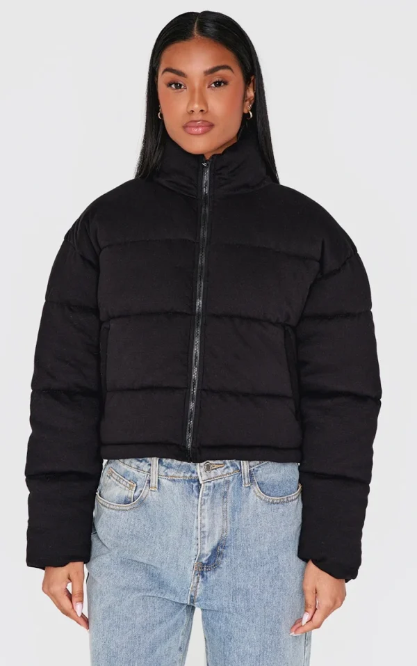 Black Knit Jersey Cropped Padded Jacket