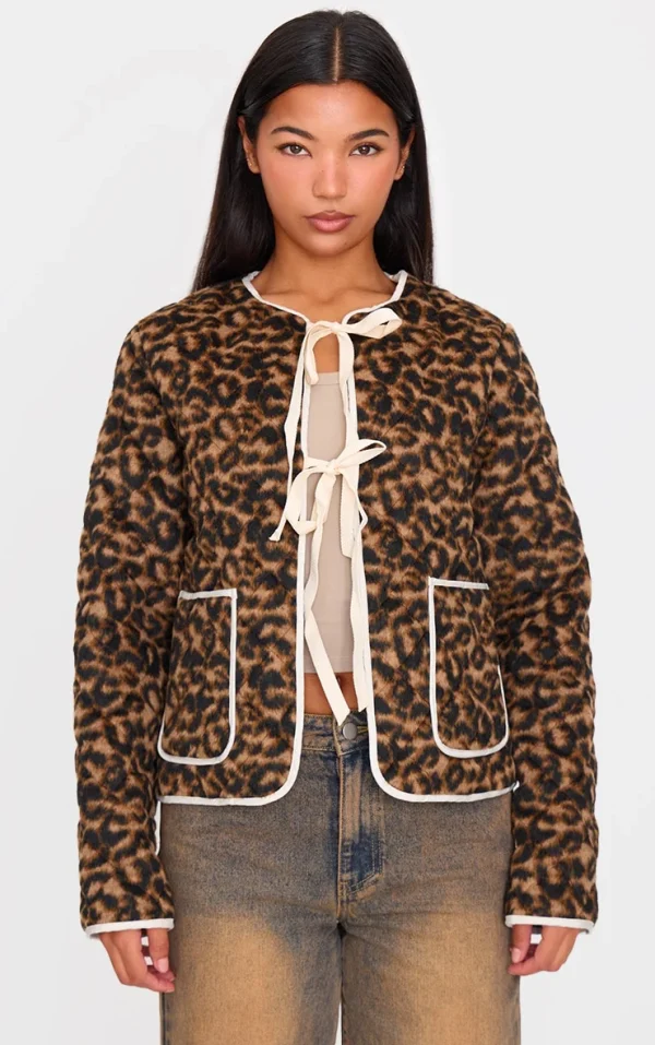 Brown Leopard Quilted Contrast Binding Jacket