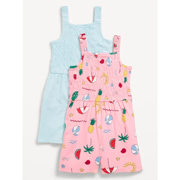 2-Pack Waist-Defined Sleeveless Smocked Romper for Girls - Light Blue/Pink Beach Scene