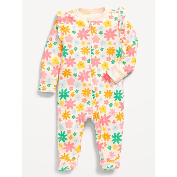 2-Way-Zip Sleep & Play Ruffle-Trim Footed One-Piece for Baby - Pink Multi Floral