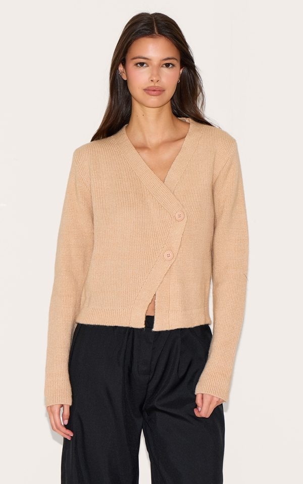 Oatmeal Knit Asymmetric Button Up Cardigan