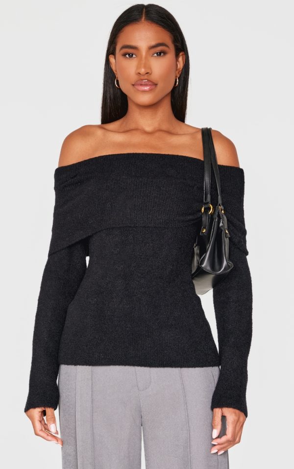 Black Soft Knit Foldover Bardot Top