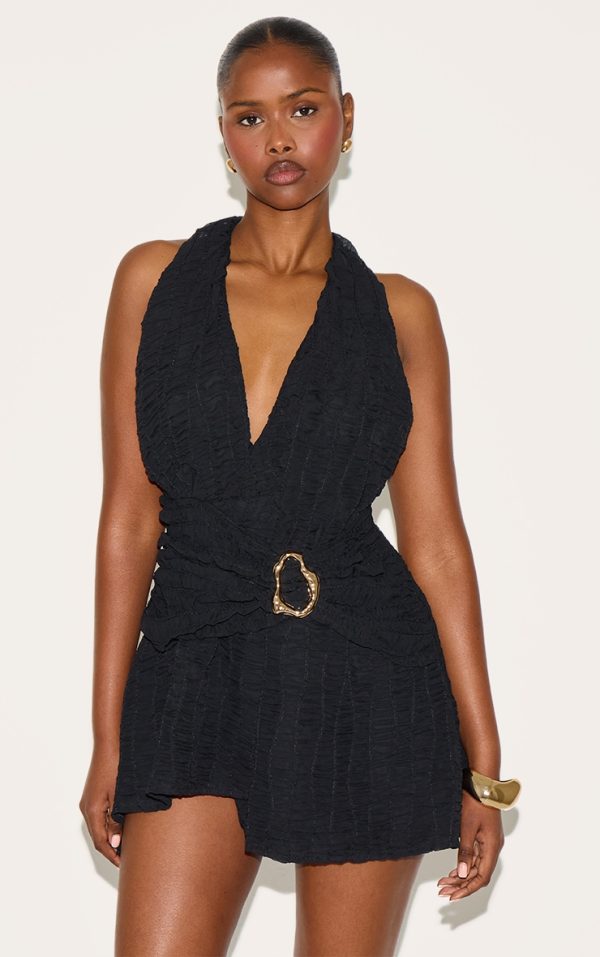 Black Texture V Neck Belt Shift Dress