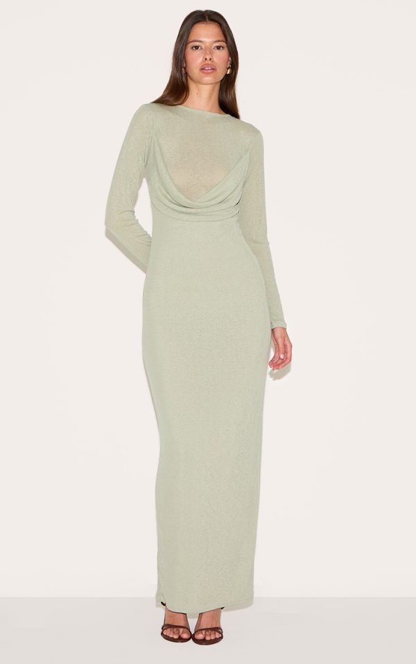 Sage Green Onion Skin Drape Detail Long Sleeve Maxi Dress