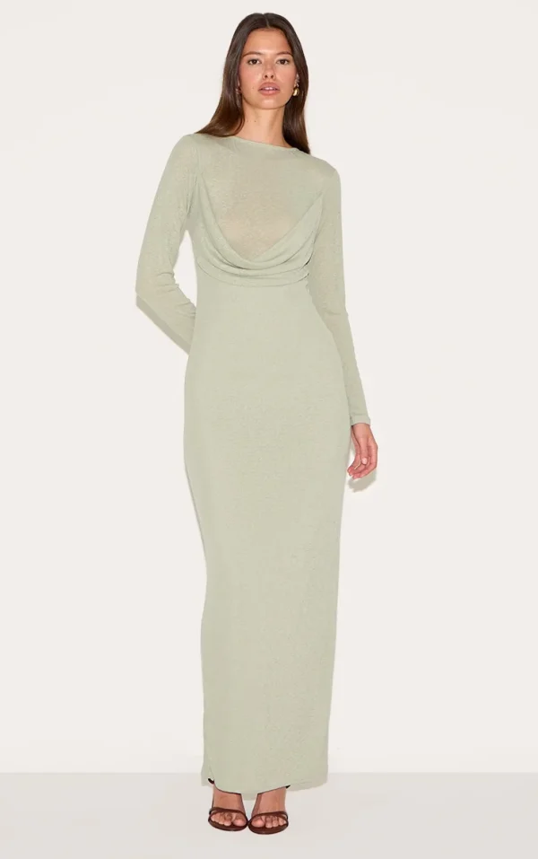 Sage Green Onion Skin Drape Detail Long Sleeve Maxi Dress