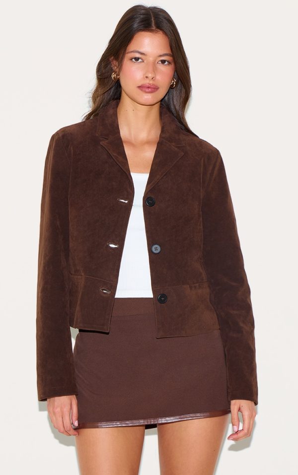 Brown Faux Suede Cropped Blazer
