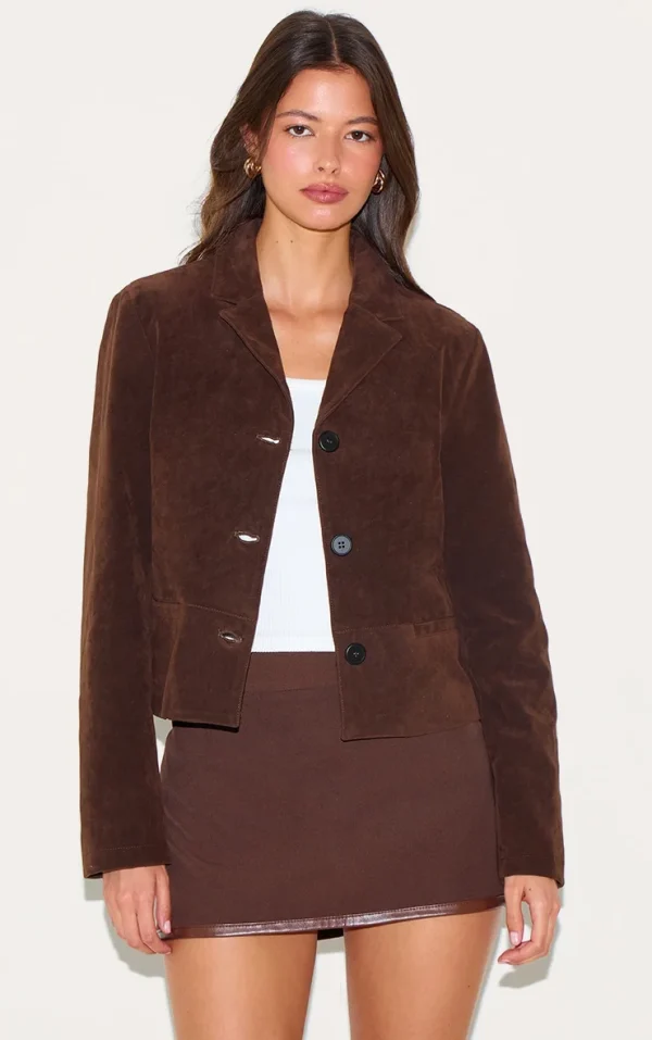 Brown Faux Suede Cropped Blazer