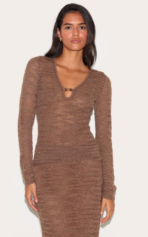 Chocolate Sheer Bobble Crochet Long Sleeve Beaded Keyhole Cut Out Top