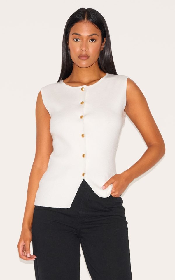 Tall White Cinched Button Up Knit Vest Top