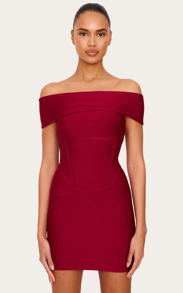 Burgundy Bandage Corset Detail Off The Shoulder Mini Dress