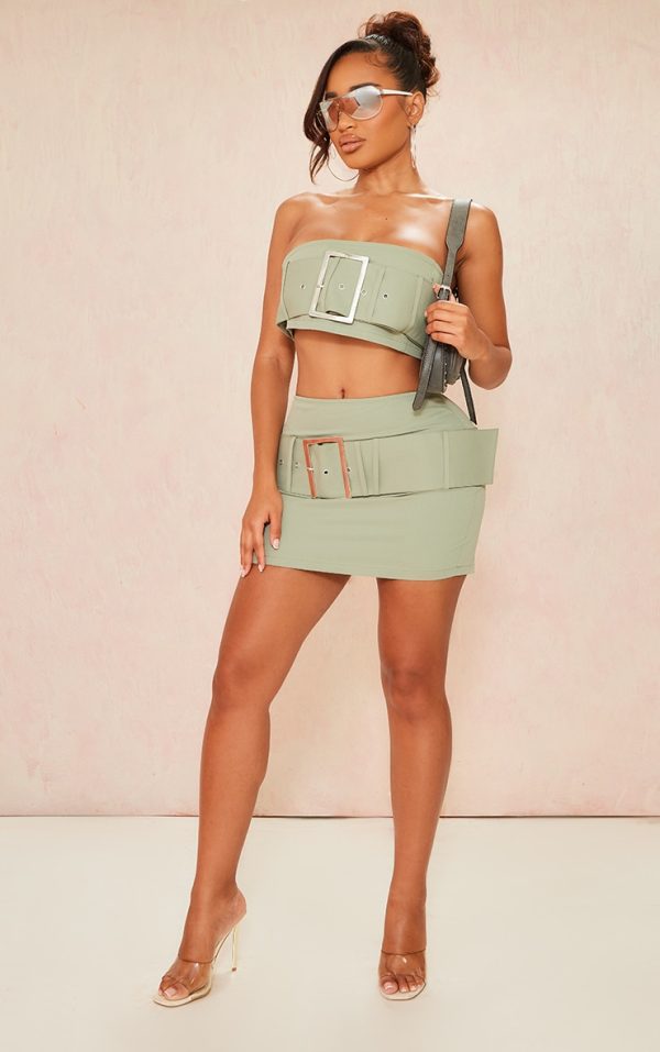 Shape Khaki Woven Belted Micro Mini Skirt