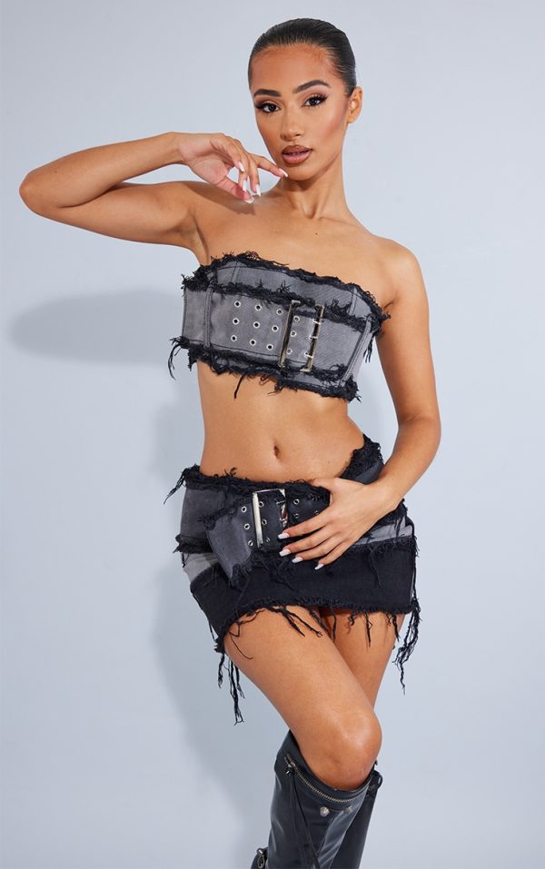 Petite Washed Black Belted Denim Bandeau Top