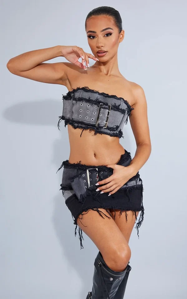 Petite Washed Black Belted Denim Bandeau Top