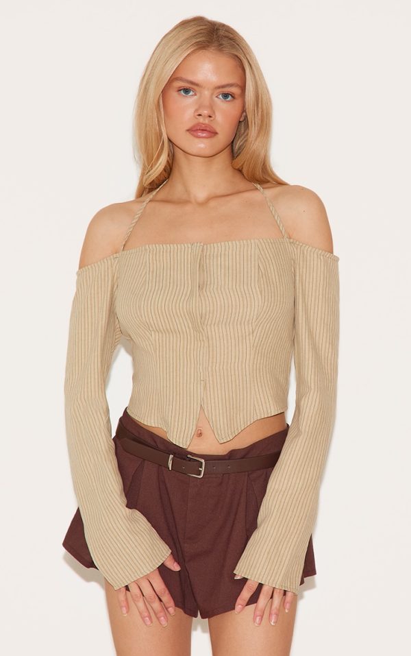 Cream Striped Bardot Peach Skin Flared Shirt