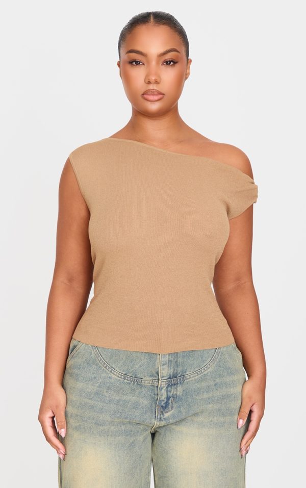 Plus Taupe Fine Knit Twist Neck Vest Top