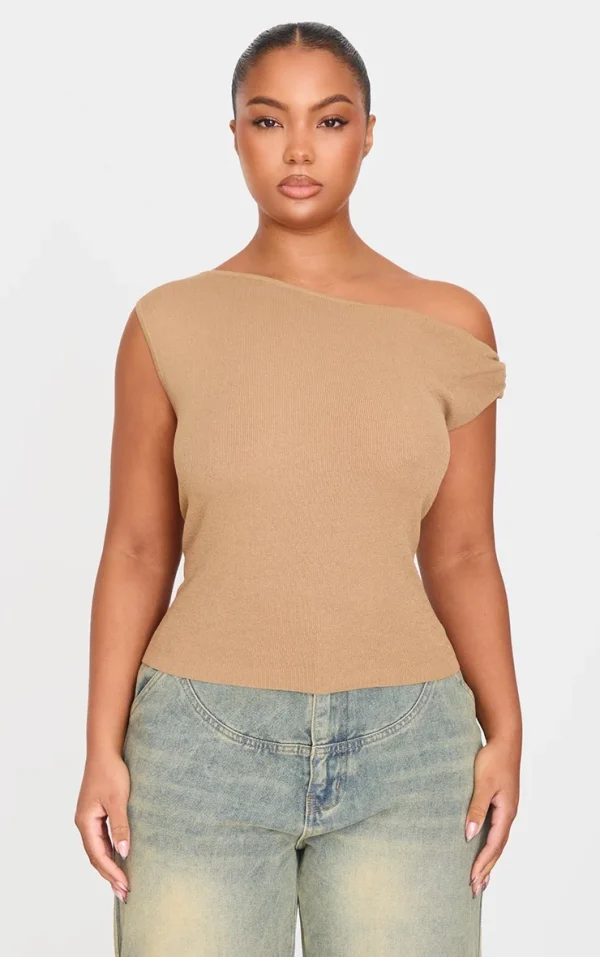 Plus Taupe Fine Knit Twist Neck Vest Top