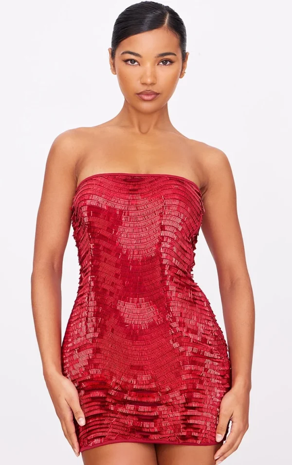 Red Textured Sequin Bandeau Mini Dress