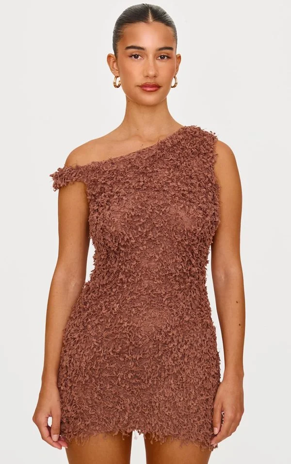 Mocha Textured Asymmetric Mini Dress