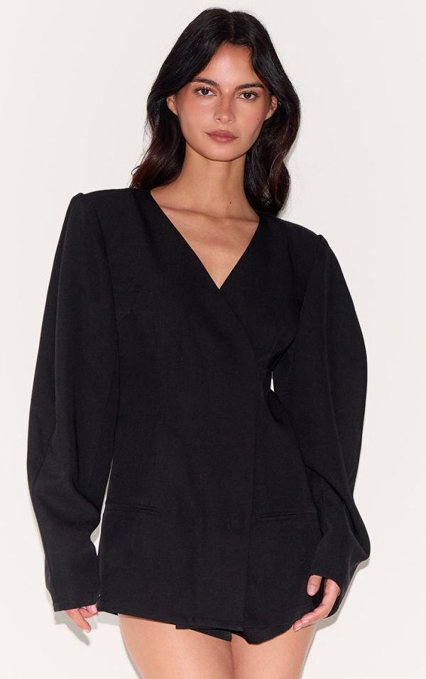 Black Cross Front Cocoon Sleeve Tailored Romper