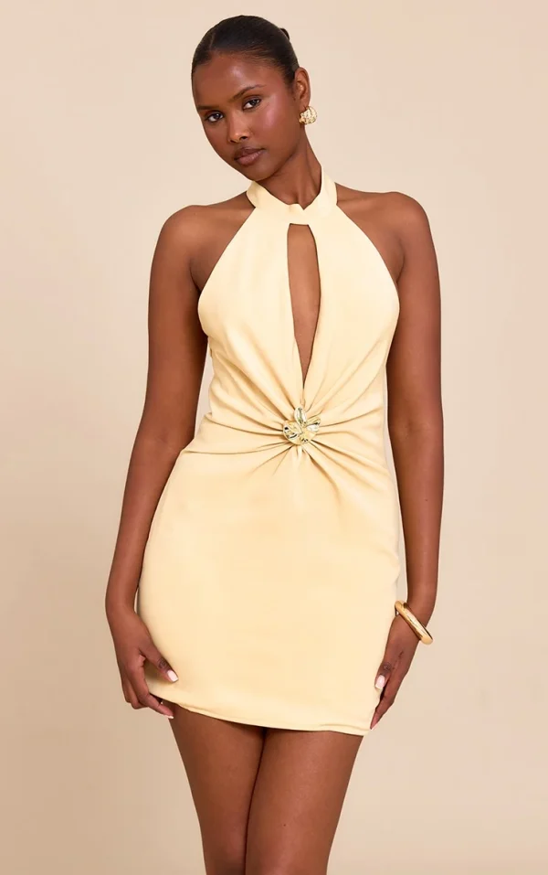 Pale Mustard Woven Ruched Cut Out Mini Dress