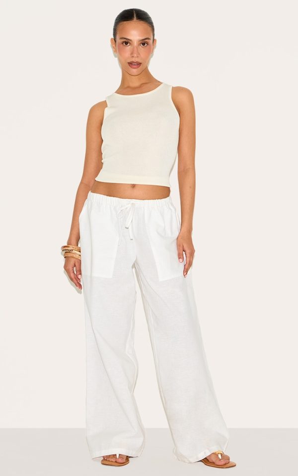 Petite White Linen Drawstring Waist Pants