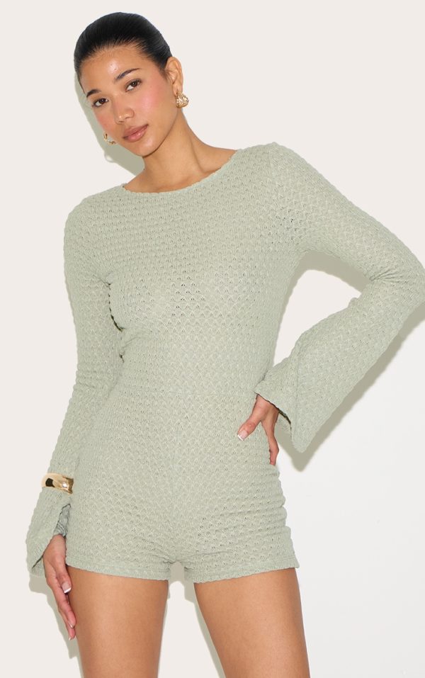 Sage Textured Jersey Long Sleeve Cut Out Back Unitard