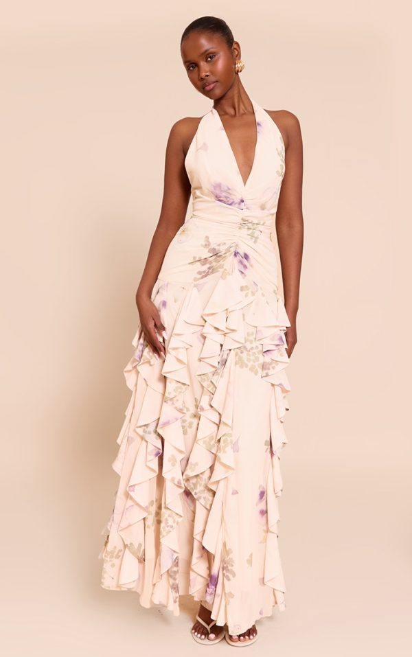 Stone Plunge Ruched Frill Detail Maxi Dress