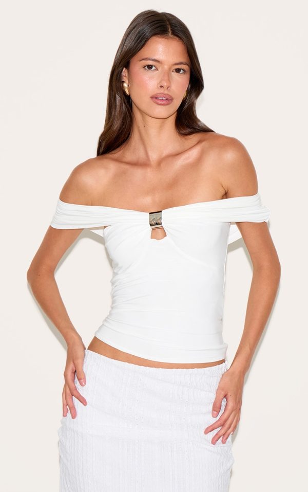 White Double Layer Slinky Trim Detail Bardot Long Top