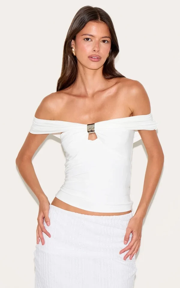 White Double Layer Slinky Trim Detail Bardot Long Top