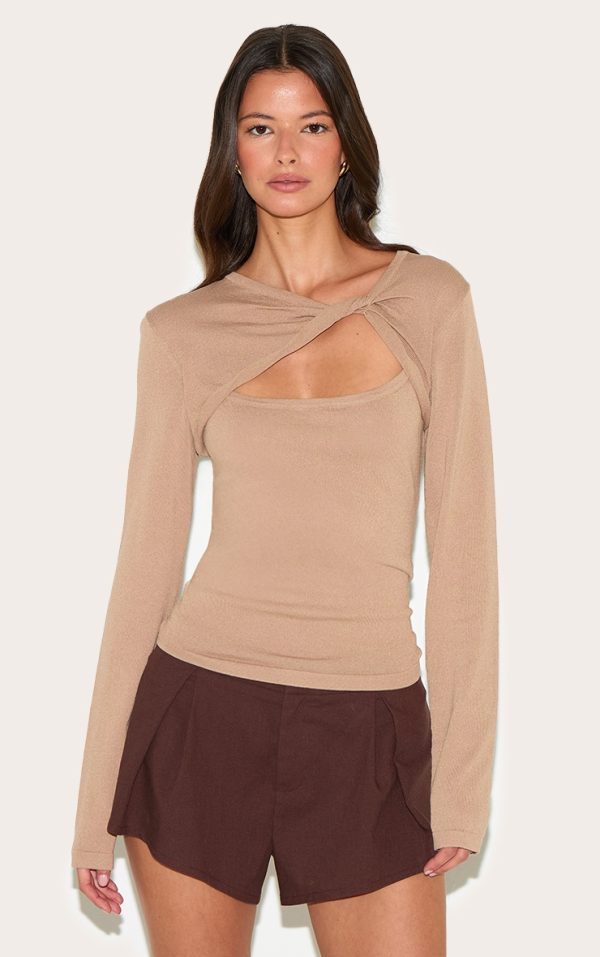 Mushroom Fine Knit Twist Neck Long Sleeve Top