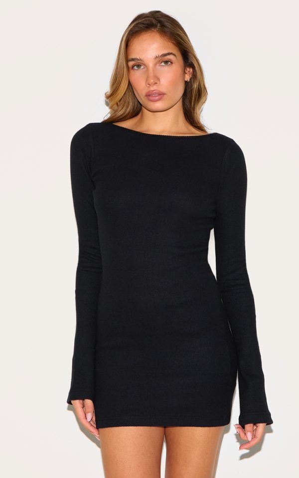 Black Heavy Brushed Rib Flared Sleeve Shift Dress