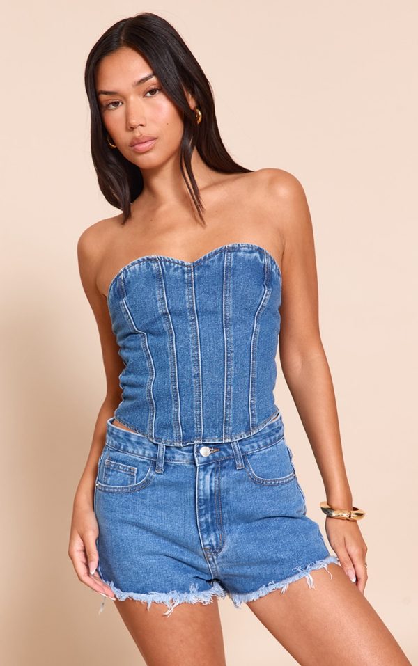 Mid Blue Wash Seam Detail Denim Corset Top