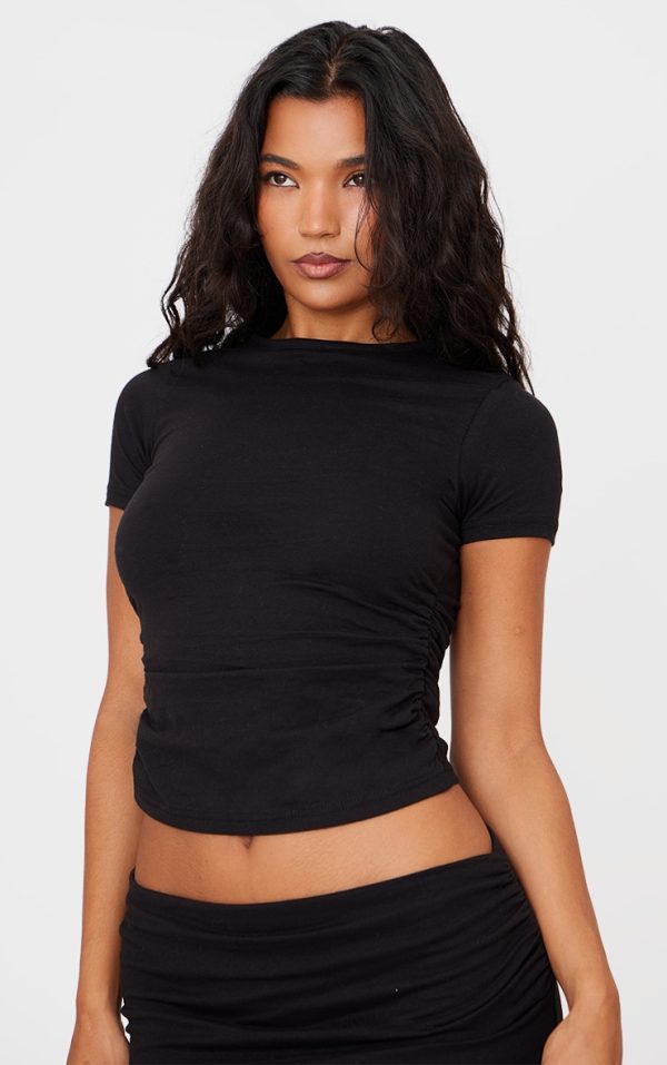 Black Cotton Side Cap Sleeve Ruched Top