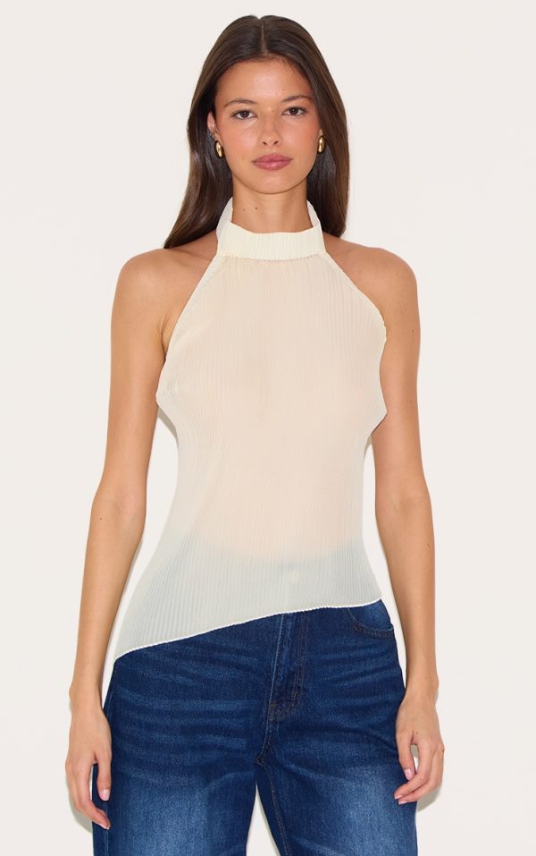 Lemon Plisse Chiffon High Neck Long Top
