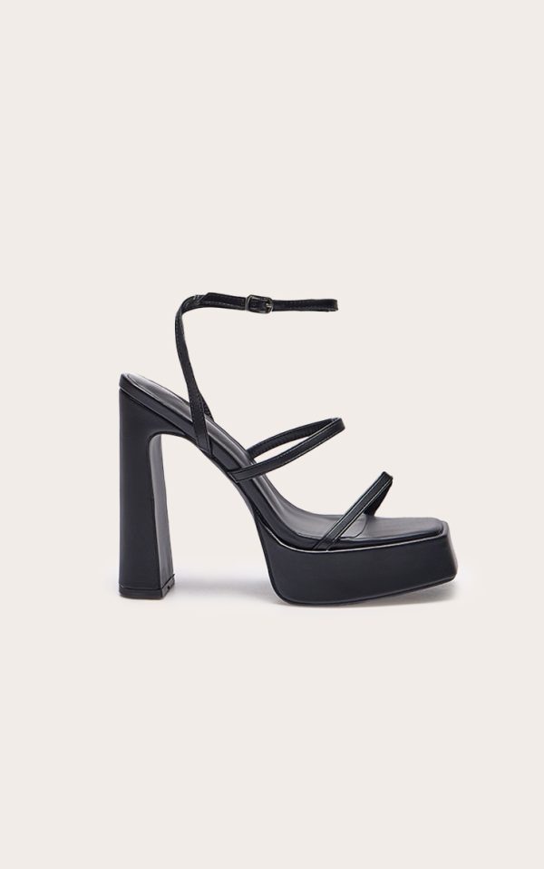 Black Pu Square Toe Platform Heel Sandals