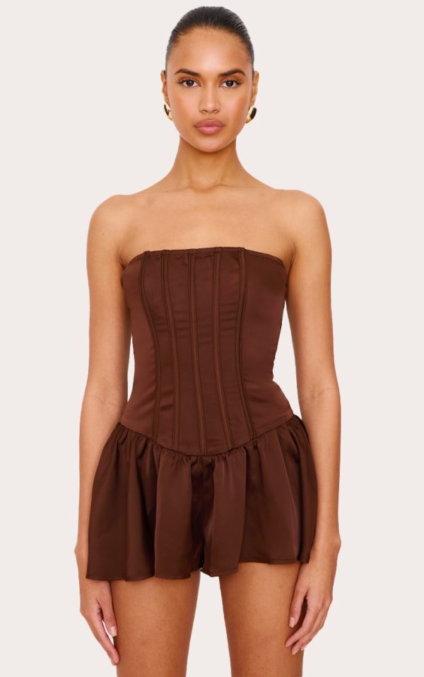 Chocolate Satin Corset Detail Bandeau Romper