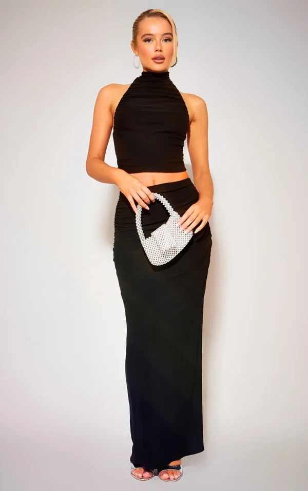 Black Soft Touch Ruched Back Maxi Skirt