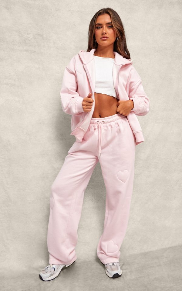 Baby Pink Embossed Heart Wide Leg Sweatpants
