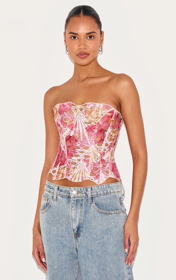 Pink Textured Sheer Floral Lace Corset