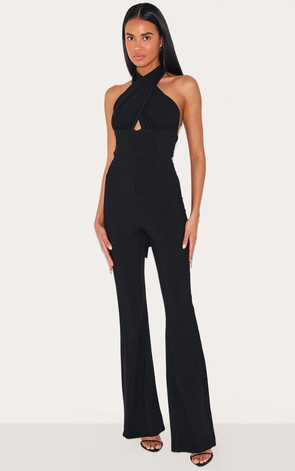 Black Cross Neck Tie Back Rib Jumpsuit