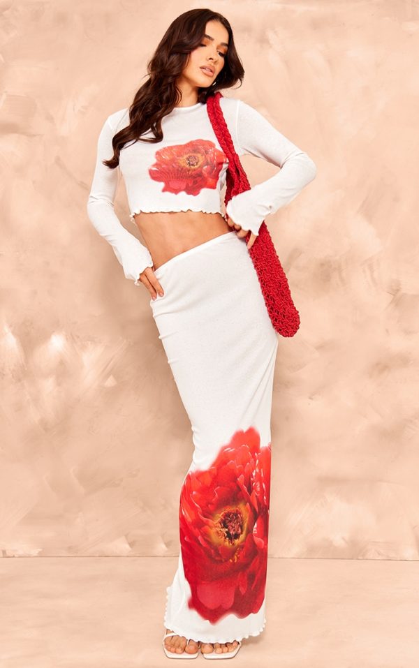 White Floral Print Maxi Skirt