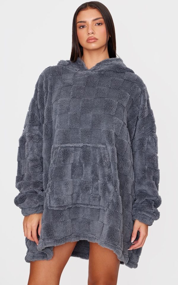 Charcoal Checkerboard Fleece Hooded Blanket