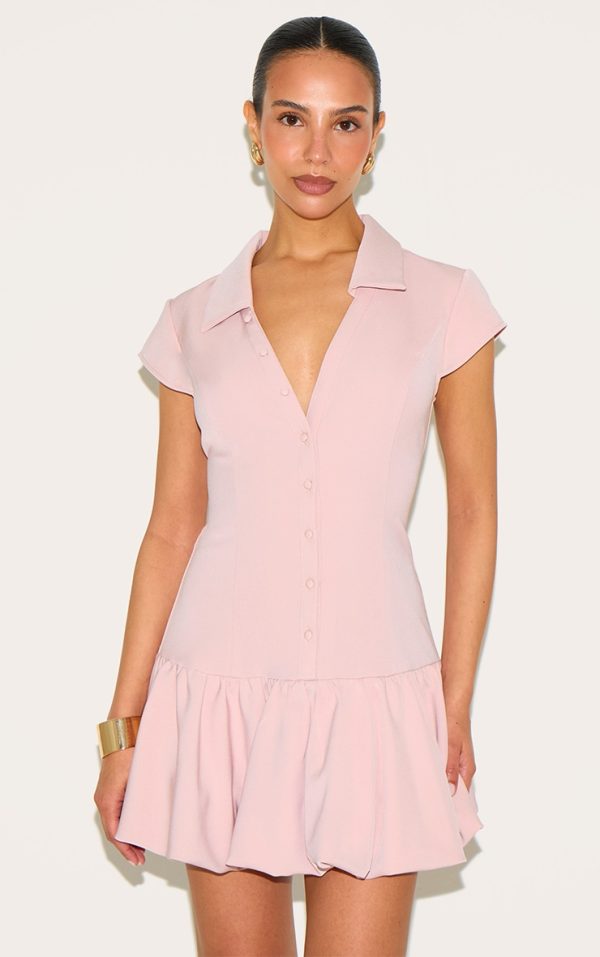 Petite Pale Rose V-neck Fitted Pleated Mini Dress