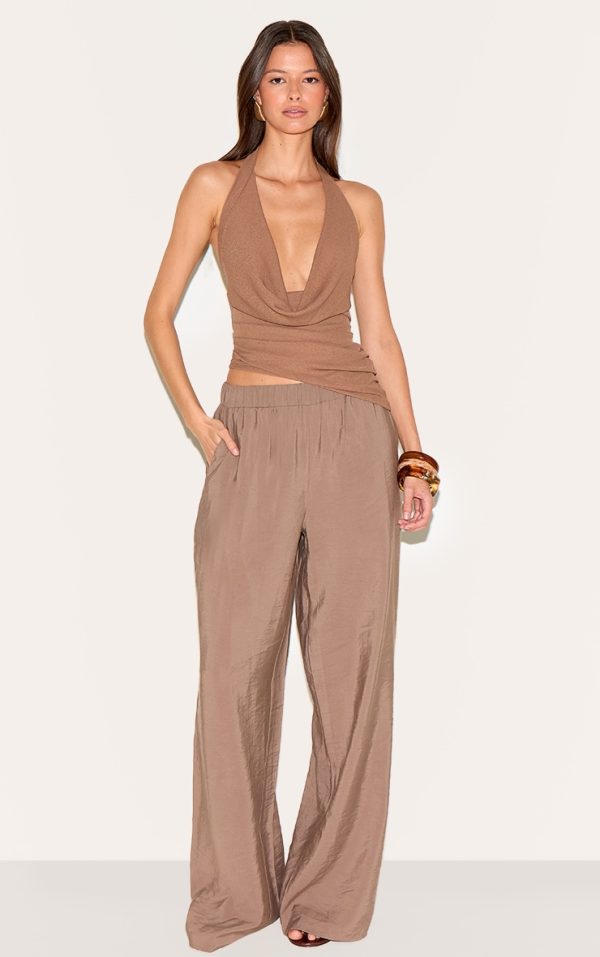 Mushroom Peached Woven Elasticated Waist Straight Leg Pants