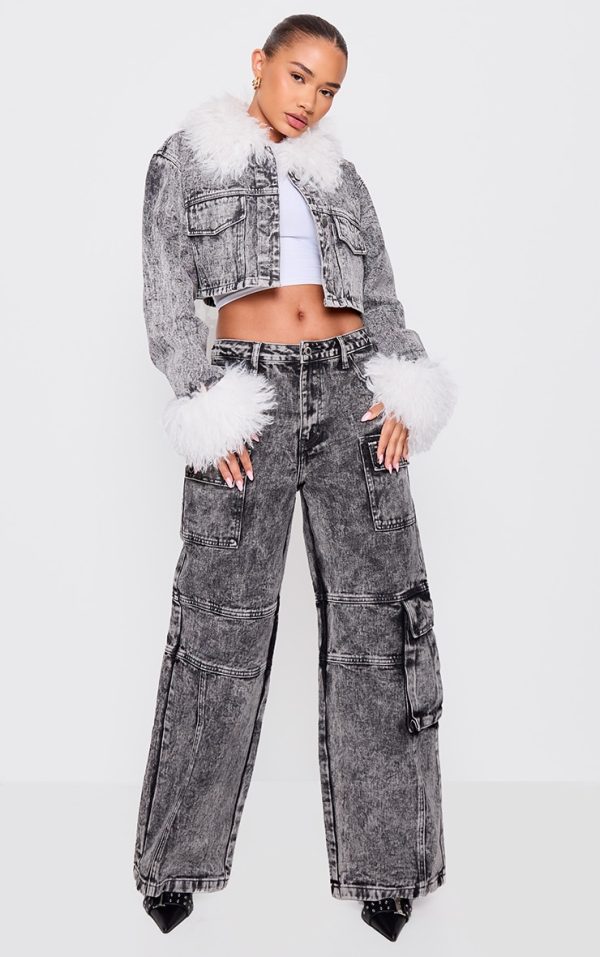 Petite Washed Grey Denim Pocket Detail Jeans