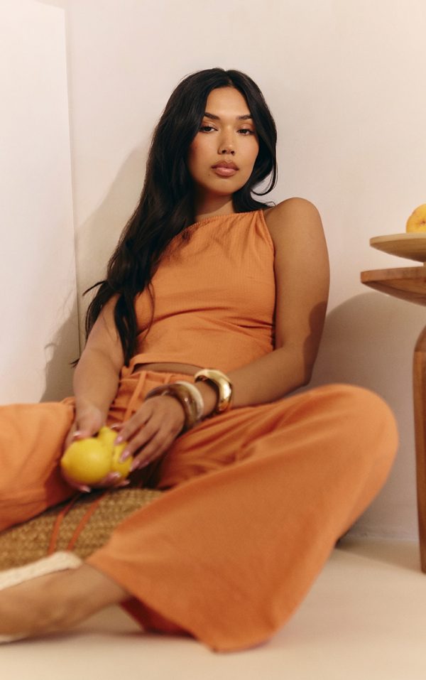Burnt Orange Textured Drawstring Straight Leg Pants
