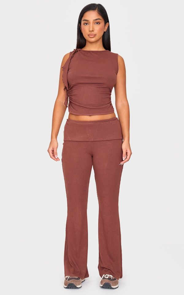 Petite Chocolate Ribbed Foldover Waist Flared Pants