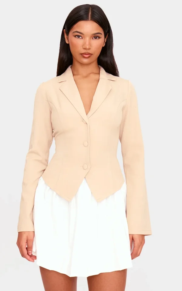Beige Contrast Pleated Hem Blazer Dress