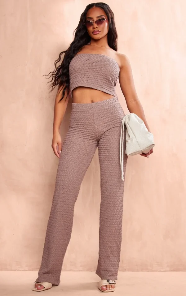 Taupe Textured Rib Flare Pants